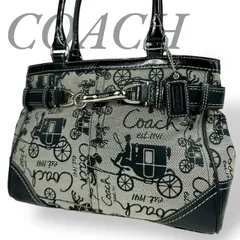 【B4240】 COACH コーチ トートバッグ キャンバス エナメル加工 ホースアンドキャリッジ柄 馬車柄 ブラック