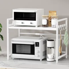 TKUIN レンジ上ラック キッチン 伸縮式 トースターラック 幅(39-65cm) 伸縮可 オーブンレンジ 棚板高さ調節可 電子レンジ 台 収納 耐荷重50kg フック4つ付き 組み立て簡単 おしゃれ (ホワイト)