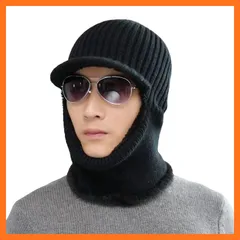 【新品】 [YAYUPLUS] ニット帽 男女兼用 裏ボア 帽子 防寒 目出し帽 ニットキャップ フェイスマスク ネックウォーマー ふわふわ 暖かい (JP, アルファベット, Free Size, ツバあり-ブラック) 1