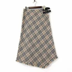 バーバリー ロンドン BURBERRY LONDON スカート ロングスカート カシミヤ 羊毛 ウール ノバチェック 本革 レザー ベルト イレヘム L 40 ライトグレー 黒 赤 ネップ 国内正規品 FX058-074