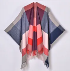 【ブルーレッド】ポンチョ 大判 ストール ショール チェック レディース ケープ 羽織 フリンジ 秋 冬 防寒