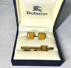 美品 Burberry バーバリー チェックライン スクエアカフス ネクタイピン セット カフリンクス タイピン ゴールド＆イエローチェック