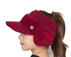 [TaKiHuReO] つば付き イヤーマフ レディース 冬用 防寒 ニット帽 防寒対策 無地 シンプル 耳あて 可愛い お洒落 ニット バイザー キャップ (レッド) [レッド]