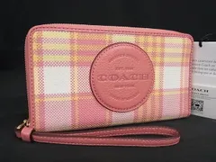 ■新品■未使用■ COACH コーチ C8680 キャンバス×レザー チェック柄 ラウンドファスナー 長財布 ウォレット ピンク系 FM0389