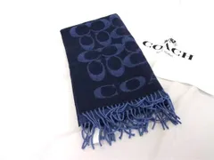 ■新品■未使用■ COACH コーチ シグネチャー ウール97%×カシミヤ3％ フリンジ ストール マフラー ショール ネイビー系 FU5411