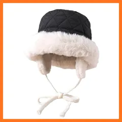 【新品】 [RUNQIU] レディース ハット バケットハット 耳あて付き あご紐付き ダウン フェイクファー 帽子 防寒 暖かい ふわふわ 無地 小顔効果 折りたたみ 裏起毛 超保温 冬用 防風 スキー アウトドア 作業用 男女兼用 (JP, 数字サイズ 0