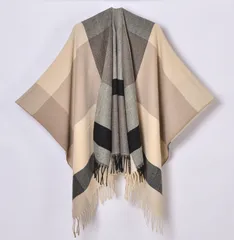 【グレーベージュ】ポンチョ 大判 ストール ショール チェック レディース ケープ 羽織 フリンジ 秋 冬 防寒