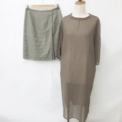 レプシィム ローリーズファーム LEPSIM LOWRYS FARM RECIPE ワンピース ラップスカート 2枚セット 半袖 丸首 ロング丈 シースルー ひざ丈 千鳥柄 茶 黒 ベージュ ブラウン F 3