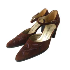 美品 イヴサンローラン Yves Saint Laurent パンプス スエード レザー リーフ柄 ビーズ アンクルストラップ ポインテッドトゥ チャンキーヒール ブラウン サイズ35.5 22.5cm レディース