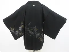 【一輝堂】黒羽織 一つ紋 縫取 羽織紐別売り 正絹 着物 身丈約83cm 裄丈62cm 25z12-6934