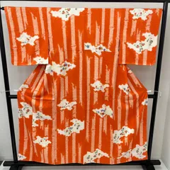 絞り 小紋 裄65.5 正絹 扇に素敵な染めの花 袷 着物 MK-2653