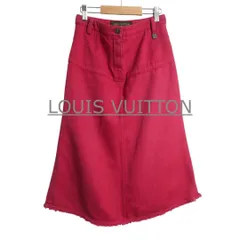 美品 LOUIS VUITTON ルイヴィトン デニム スカート ロングスカート LV金具 ダメージ加工 ジッパーフライ ロング丈 ミモレ丈 コットン×リネン レッド サイズ34 レディース 古着 中古