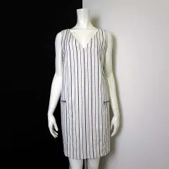 ザラ ベーシック ZARA BASIC ワンピース ストライプ Vネック ジップポケット プルオーバー ノースリーブ M 白 ホワイト 黒 ブラック