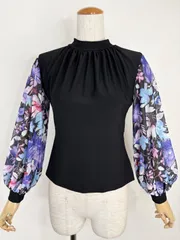 《新品》社交ダンス　ブラック×パープル系　リボンデザイン　ボリュームパフスリーブ　トップス　衣装