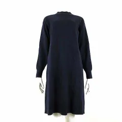 ユニクロ UNIQLO スフレヤーン モックネック ワンピース ひざ丈 長袖 M 紺 ネイビー