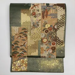 たんす屋 TANSU-YA リユース帯 帯 （中古）袋帯 モスグリーン フォーマル セミフォーマル 六通 切箔 金糸 短冊に花鳥 吉祥文  7650003044513