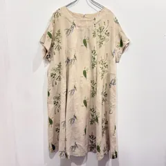 麻100% コットンハウスアヤ ワンピースワイド ゆったり  総柄 ボタニカル 植物 キューガーデン 生成り 日本製 サイズM 【送料込み】