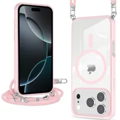 iPhone17ProMax用ケースクリアショルダーMagSafe対応ワイヤレス充電アクリル背面耐衝撃マグネット搭載アイフォン17プロマックスケースマグセーフ対応耐久性滑り止め黄変防止(ピンク)