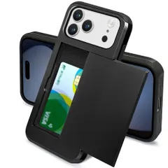 yakxixiケース用のiPhone17ProMaxカード収納耐衝撃スリムケース2枚収納可能軍用の規格保護TPU+PCスライド式全密閉設計指紋防止カバー(ブラック)