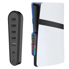 PS5Pro/新型P5Slim用USBハブ【新登場-高速転送】6-IN-1PS5スリム用6ポート拡張USBマルチハブ本体一体型高速拡張5*USB2.0ポート+1*3.0TypeCポートRGBライト付き設置簡単安定性