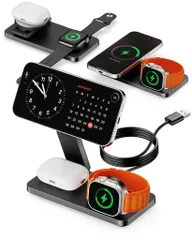 3in1MagSafe充電器、ワイヤレスマグセーフ充電器、Qi認証対応で高速20W充電、Airpods/iPhone/アップルウオッチ同時充電、最大270°折りたたみスタンド、強力磁力150mT