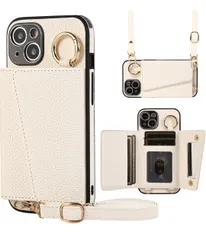 ★iPhone15plus 用の ケース 手帳型 肩掛け アイフォン15プラス 用の ショルダー スマホケース アイホン15plus 用の カバー PUレザー 首掛け 斜めかけ マグネット式 ICカード収納 鏡付き 写真入りポケット  ホワイト