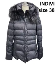 ■ インディヴィ INDIVI ダウンコート 長袖 袖口リブ フード ファー ネイビー ダウン90％ 38 M 9号 レディース B5Y080