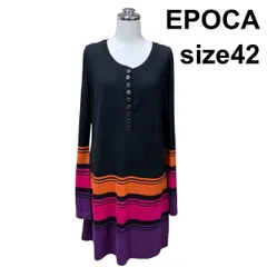 ■ エポカ EPOCA ニットワンピース 長袖 ベルスリーブ ミモレ丈 切替 ボーダー柄 黒 マルチカラー 毛 42 L～XL 13号 レディース H6A010