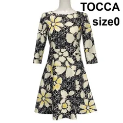 ◇ トッカ TOCCA フレアワンピース ドレス 七分袖 膝丈 クルーネック 花柄 Aライン イエロー 黒 白 0 S 7号 レディース S5Y724