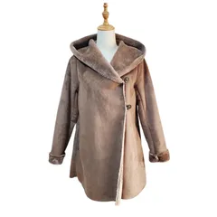 DECOY COLLECTION デコイ  フェイクムートン ボアコート フード付き ブラウン  M レディース 暖か アウター