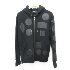 ディーゼル DIESEL パーカー 長袖 ジップアップ フード アップリケ レザー 牛革 スウェット 綿 黒 ブラック M