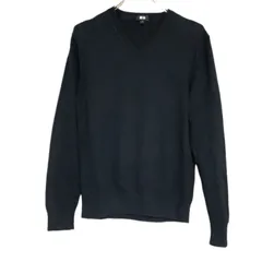 A1057 ユニクロ UNIQLO ニット セーター 長袖 (S) ネイビー 無地 綿/コットン Vネック