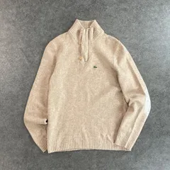 LACOSTE Knit Sweater ラコステ プルオーバー ニット セーター ハーフボタン 比翼ジップ ワニ刺繍 切替 エルボーパッチ ベージュ系 ストレッチ メンズ