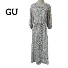 GU ジーユー フラワープリント Vネック 7部袖 マキシ丈 ワンピース シャツ 紐ベルト Mサイズ