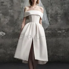 【新品・未使用】ウェディングドレス オフショルダー ベルライン セミロング