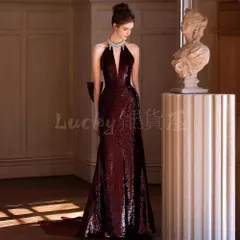 レディース 夏 高級感 セクシー スパンコール ロングドレス ワインレッド ノースリーブ ハイネック 魚尾 イブニングワンピース