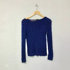 ローレンラルフローレン ヴィンテージ ケーブル Uネック セミクロップド ニット ネイビー ポロ レディース M