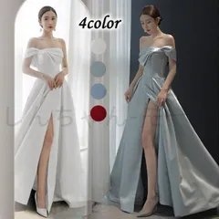 【新品?未使用】 ワイン赤 イブニングドレス スリット ボートネック オフショルダー ロングドレス サテン 演奏会 発表会ドレス リボン 二次