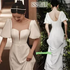 ウェディングドレス ホワイト 白 ロングドレス バルーンスリーブ 袖あり 背中開き 編み上げ 花嫁 結婚式 披露宴 お呼ばれ フォ