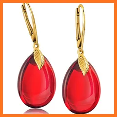 【新品】 [Amber by Mazukna] 琥珀 ピアス ドロップ型 レッドアンバー ＜専用ジュエリーボックス付き＞ Silver925 ゴールドプレーティング金具 レバーバック開閉式 レディース 軽量 上品なジュエリー ギフト 品質書付属