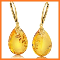 【新品】 [Amber by Mazukna] 琥珀 ピアス ドロップ型 コニャックアンバー ＜専用ジュエリーボックス付き＞ Silver925 ゴールドプレーティング金具 レバーバック開閉式 レディース 軽量 上品なジュエリー ギフト 品質書付属