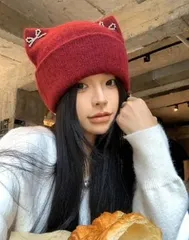 猫耳リボンファーニット帽子y2k 流行り 秋冬インスタ映え防寒