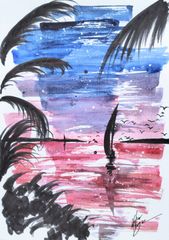 原画#147 フィレンツェ 夕暮れ 黒猫 猫 水彩画 ドローイング