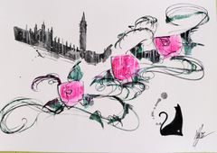 原画#144 黒猫 雨 薔薇 花 ロンドン アート水彩画 ドローイング