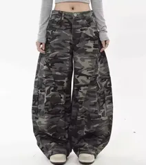 迷彩 ワークパンツ ワイドレッグ カジュアル 韓国系 ストリート