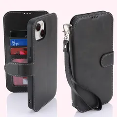 手帳型 ケース ストラップ ケース 軽薄 アイフォン15 耐衝撃 カード収納 iPhone15 カバー iPhone15ケース レンズ保護 Ｈａｖａｙａ (6.1インチ対応)-ブラック