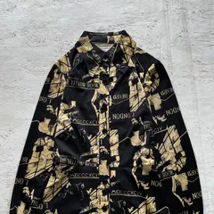 昭和レトロ 黒×ベージュ 英字総柄 ロング長袖 シャツワンピース　9号サイズ