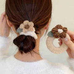 新品 毛糸 花モチーフ ファー ヘアゴム ブラウン ベージュ