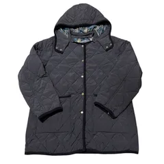 ZK12   アフタヌーンティー AfternoonTea  タータンチェック柄　キルティング　ミドルコート Original Tartans　 黒　 裏地チェック柄(グリーンベース) 　ノーカラー　 フード着脱可 レディース　サイズMーL