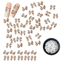 ネイルパーツ リボン 花 果物 蝶 ネクタイ 約50個 3D 立体 小さめ ネイル パーツ 蝶結び 薔薇 バラ 桜 ハナ イチゴ ミニ 可愛い ローズ さくらんぼ モモ ジェルネイル (パールとブリオン付)JP601 (A8-リボン-ヒョウ柄) 0